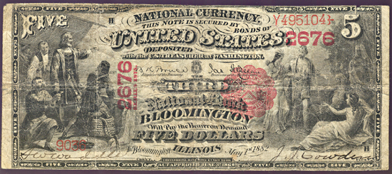 1875 $5.00. Bloomington, IL Charter# 2676 Scallops. F.