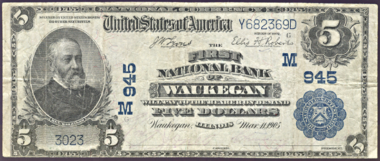 1902 $5.00. Waukegan, IL Charter# 945 Blue Seal. F.