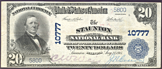 1902 $20.00. Staunton, IL Charter# 10777 Blue Seal. VF.