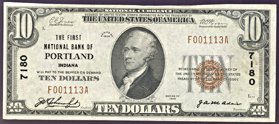 1929 $10.00. Portland, IN Charter# 7180 Ty. 1. AU.