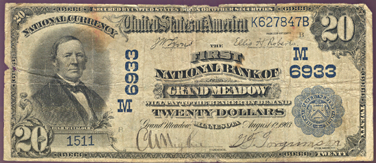 1902 $20.00. Grand Meadow, MN Charter# 6933 Blue Seal Date Back. VG.