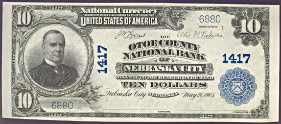 1902 $10.00. Nebraska City, NE Charter# 1417 Blue Seal. CU.