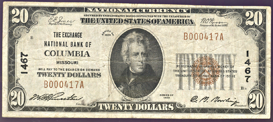 1929 $20.00. Columbia, MO Charter# 1467 Ty. 1. F.