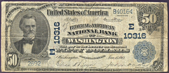 1902 $50.00. Washington, DC Charter# 10316 Blue Seal. F.