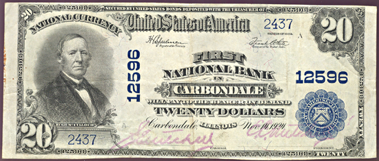 1902 $20.00. Carbondale, IL Charter# 12596 Blue Seal. VF.