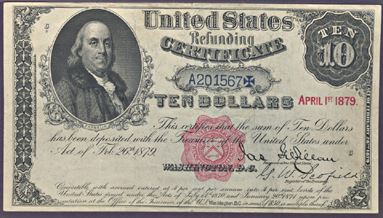 Two Sequential 1879 $10.00 Refunding Certificates.  PMG VF-35.