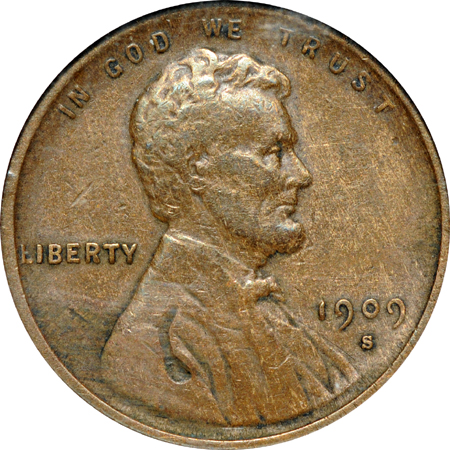 1909-S VDB, "Obverse Struck Thru." ANACS VF-30.