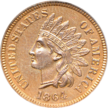 1864 Bronze w/L Rep. Date. ANACS MS-60 Details, cleaned.