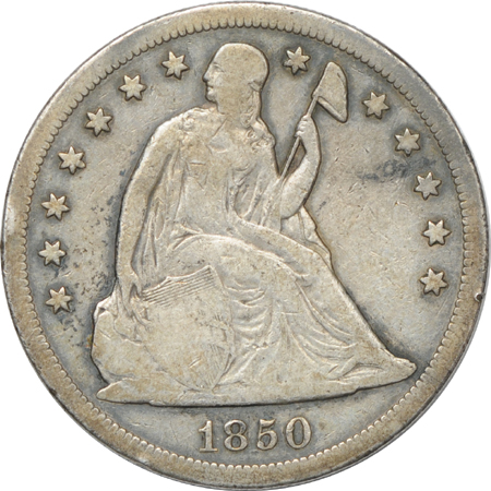 1850-O Seated Liberty silver dollar and 1876-S Trade dollar.