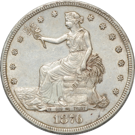 1850-O Seated Liberty silver dollar and 1876-S Trade dollar.