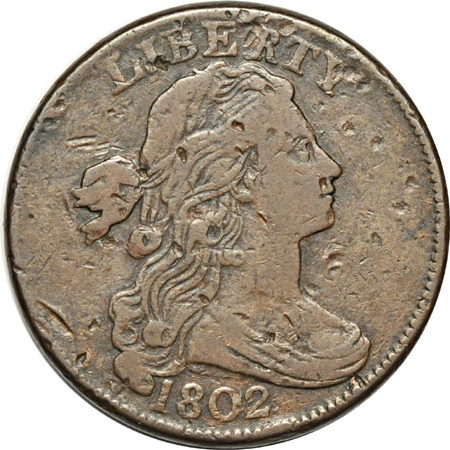 Five 1802 Draped Bust Large cents.