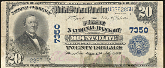 1902 $20.00. Mount Olive, IL Charter# 7350 Blue Seal. F.