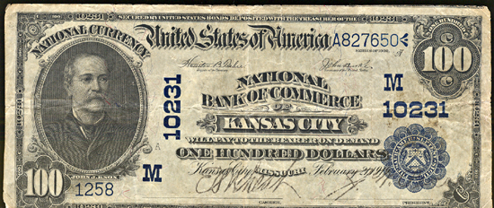 1902 $100.00. Kansas City, MO Charter# 10231 Blue Seal. F.