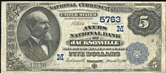 1882 $5.00. Jacksonville, IL Charter# 5763 Value Back. F.