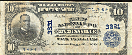 1902 $10.00. McMinnville, TN Charter# 2221 Blue Seal. F.