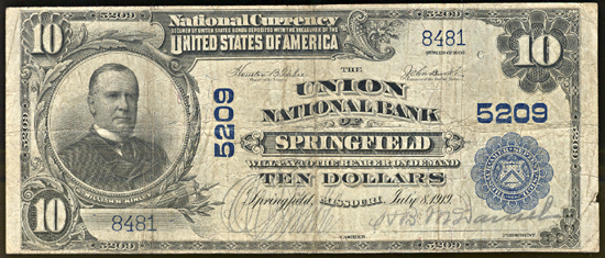 1902 $10.00. Springfield, MO Charter# 5209 Blue Seal. F.