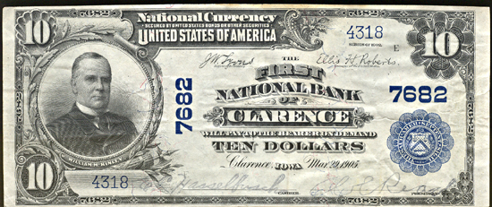 1902 $10.00. Clarence, IA Charter# 7682 Blue Seal. XF.