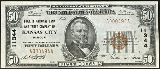 1929 $50.00. Kansas City, MO Charter# 11344 Ty. 1. XF.