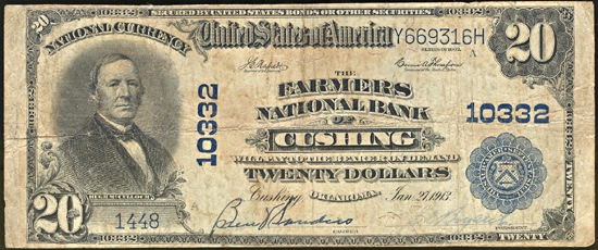 1902 $20.00. Cushing, OK Charter# 10332 Blue Seal. F.