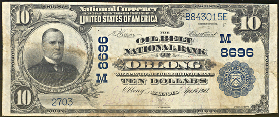 1902 $10.00. Oblong, IL Charter# 8696 Blue Seal. VF.