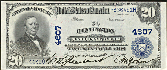 1902 $20.00. Huntington, WV Charter# 4607 Blue Seal. AU.