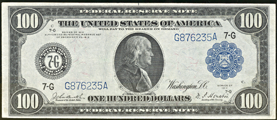 1914 $100.00 Chicago.  Blue Seal. AU.