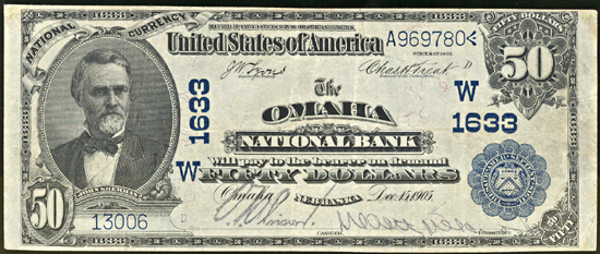 1902 $50.00. Omaha, NE Charter# 1633 Blue Seal. VF.