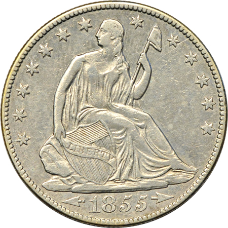 Twenty-one quarter dollar and half-dollar silver type coins.