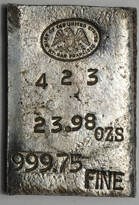 Undated Silver Ingot from the San Francisco Mint. Numbered 423/114/ 23.98 Ozs./ 999.75 Fine.