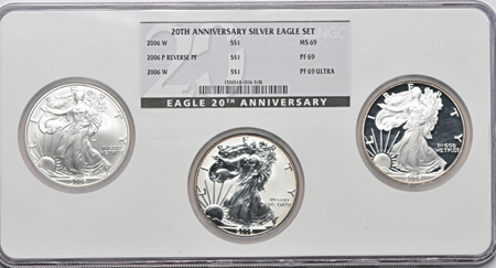 2006 20th Anniversary Silver Eagle Set, 2007 Precious Metal Set, and 2007 Tenth Ounce Eagle Set. NGC.