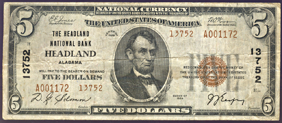 1929 $5.00. Headland, AL Charter# 13752 Ty. 2. F.