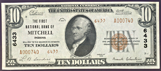 1929 $10.00. Mitchell, IN Charter# 6433 Ty. 2. GemCU.