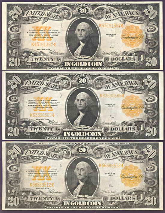 Three 1922 $20.00.  XF.