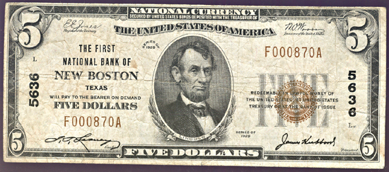 1929 $5.00. New Boston, TX Chater 5636 Ty. 1. VG.