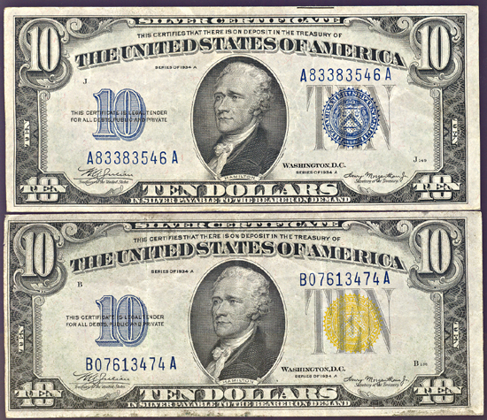 1934-A $10.00 North Africa VF and 1934-A Silver Certificate XF.