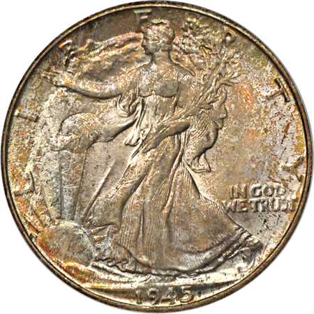 Five Walking Liberty half-dollars. PCGS MS-64.