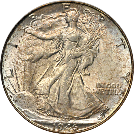 Five Walking Liberty half-dollars. PCGS MS-64.