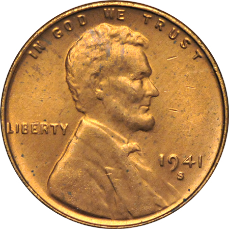One BU (tube) roll of 1941-S Lincoln cents.