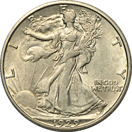 Five Walking Liberty half-dollars.