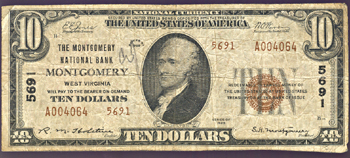 1929 $10.00. Montgomery, WV Charter# 5691 Ty. 2. F.