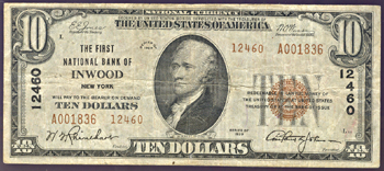 1929 $10.00. Inwood, NY Charter# 12460 Ty. 2. F.