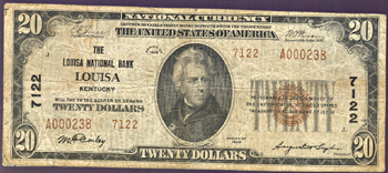 1929 $20.00. Louisa, KY Charter# 7122 Ty. 2. F.