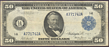 1914 $50.00 Cleveland.  Blue Seal. F.