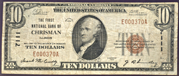 1929 $10.00. Chrisman, IL Charter# 7111 Ty. 1. F.