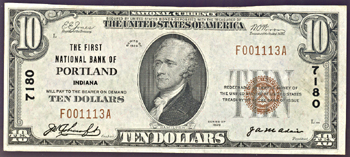 1929 $10.00. Portland, IN Charter# 7180 Ty. 1. AU.