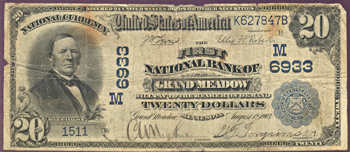 1902 $20.00. Grand Meadow, MN Charter# 6933 Blue Seal Date Back. VG.