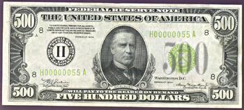 1934 $500.00 St. Louis Light Green Seal.  AU.