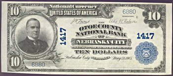 1902 $10.00. Nebraska City, NE Charter# 1417 Blue Seal. CU.