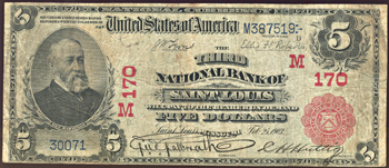 1902 $5.00. Saint Louis, MO Charter# 170 Red Seal. F.