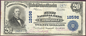 1902 $20.00. Carbondale, IL Charter# 12596 Blue Seal. VF.